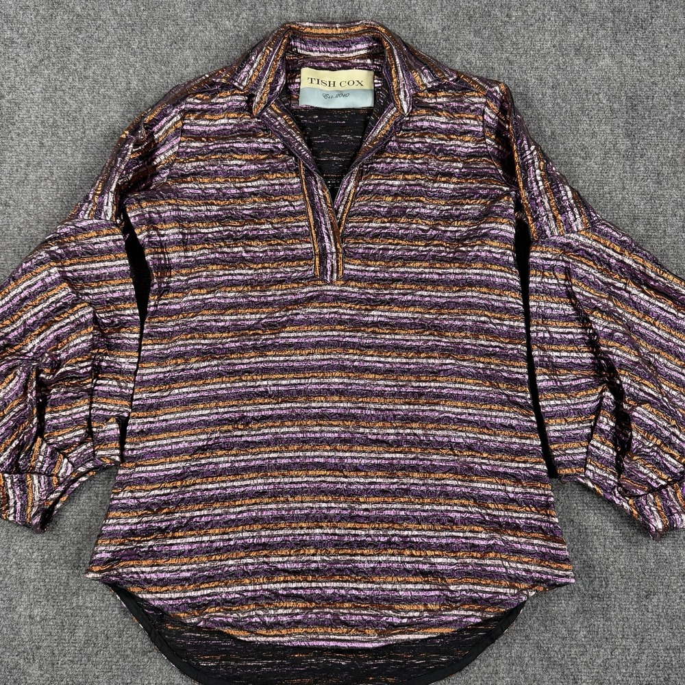 Tish Cox Top Womens Multicolor Metallic Stripes Pullover V Neck Shimmer